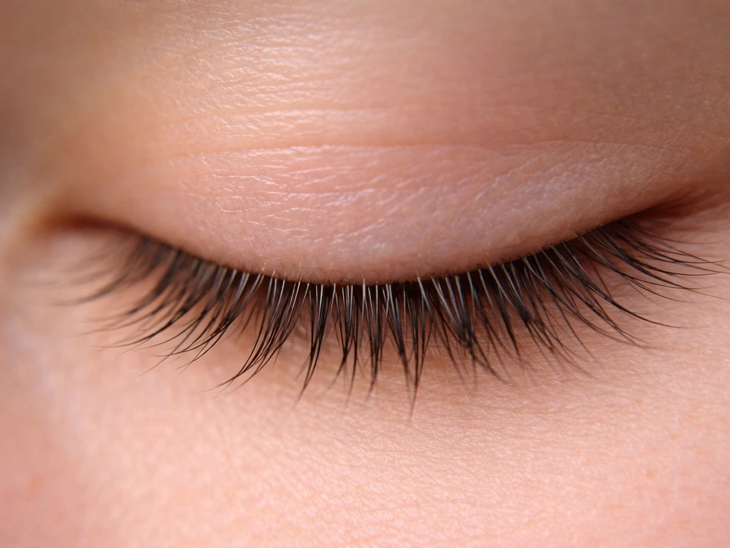 Macro close-up of an upper eyelid with eyelashes, highlighting the lash line area.