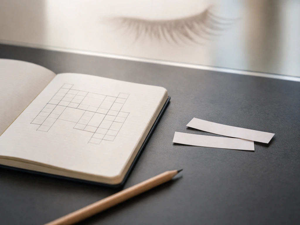 Minimal still life with a pencil crossword-like grid and a single eyelash, symbolizing short lash-location clues.