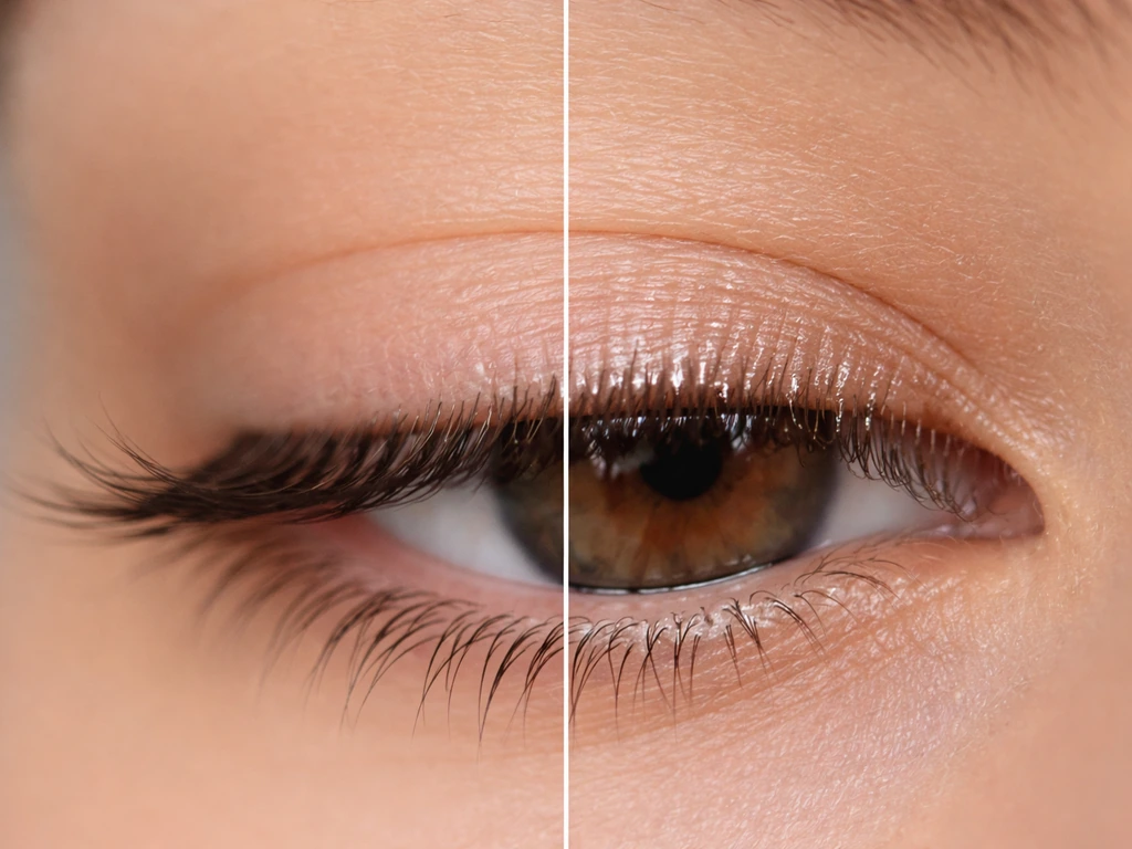 Close-up of lashes with and without glossy lip-balm-like conditioner on one eye, showing shine only.