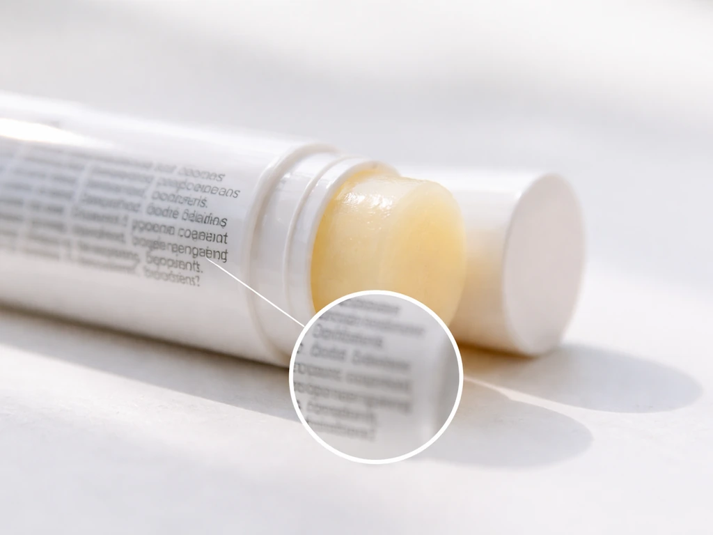 Macro close-up of lip balm tube and ingredient list, with a small blurred callout highlighting occlusive ingredients