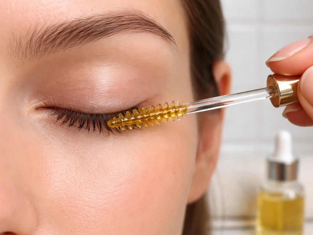 Close-up of castor-oil conditioning applied along the lash line with a clean applicator wand.