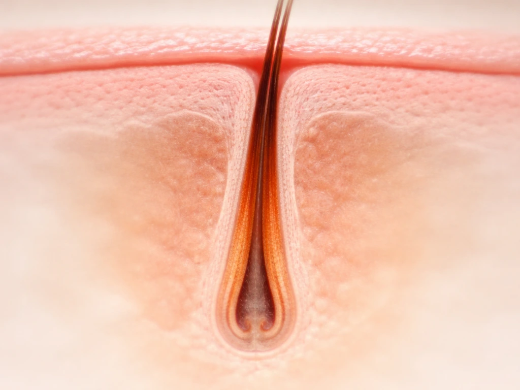 Close-up cross-section style view showing eyelash follicle layers and growth phases beneath the eyelid