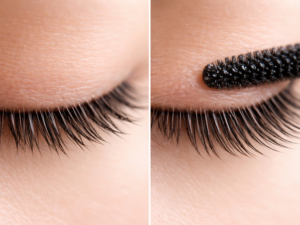 Macro close-up showing frayed, shortened lash tips beside intact lashes with a spoolie brush nearby.