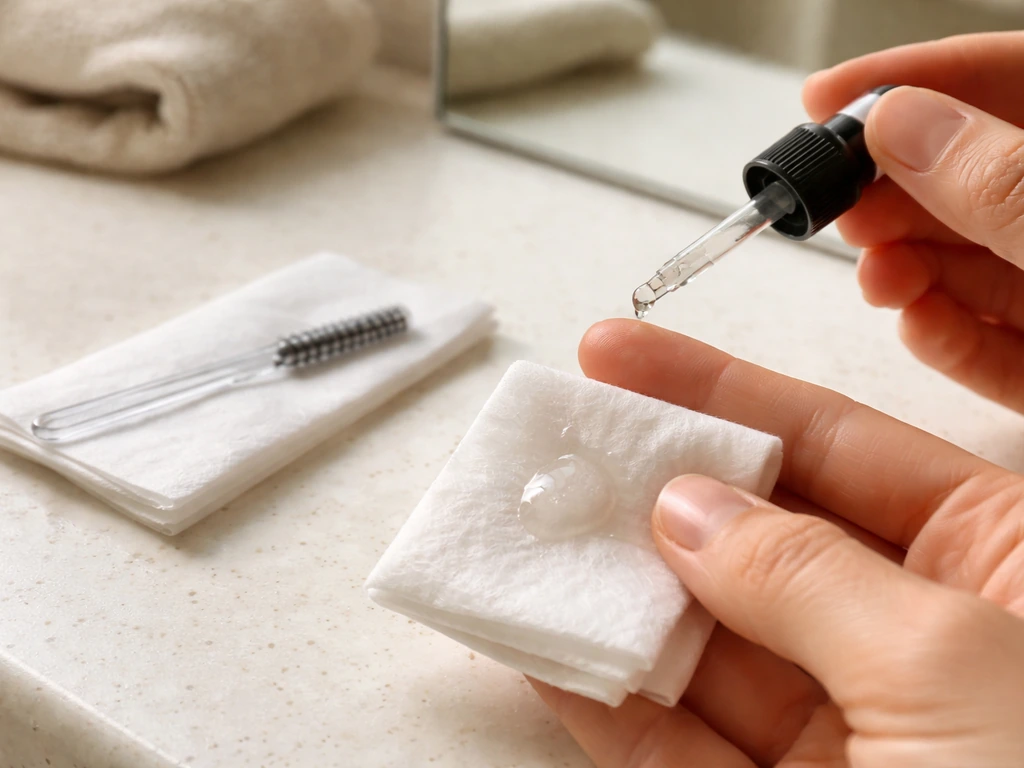 Evening lash care routine: cotton pad cleansing, clean spoolie grooming, and serum applied at vanity