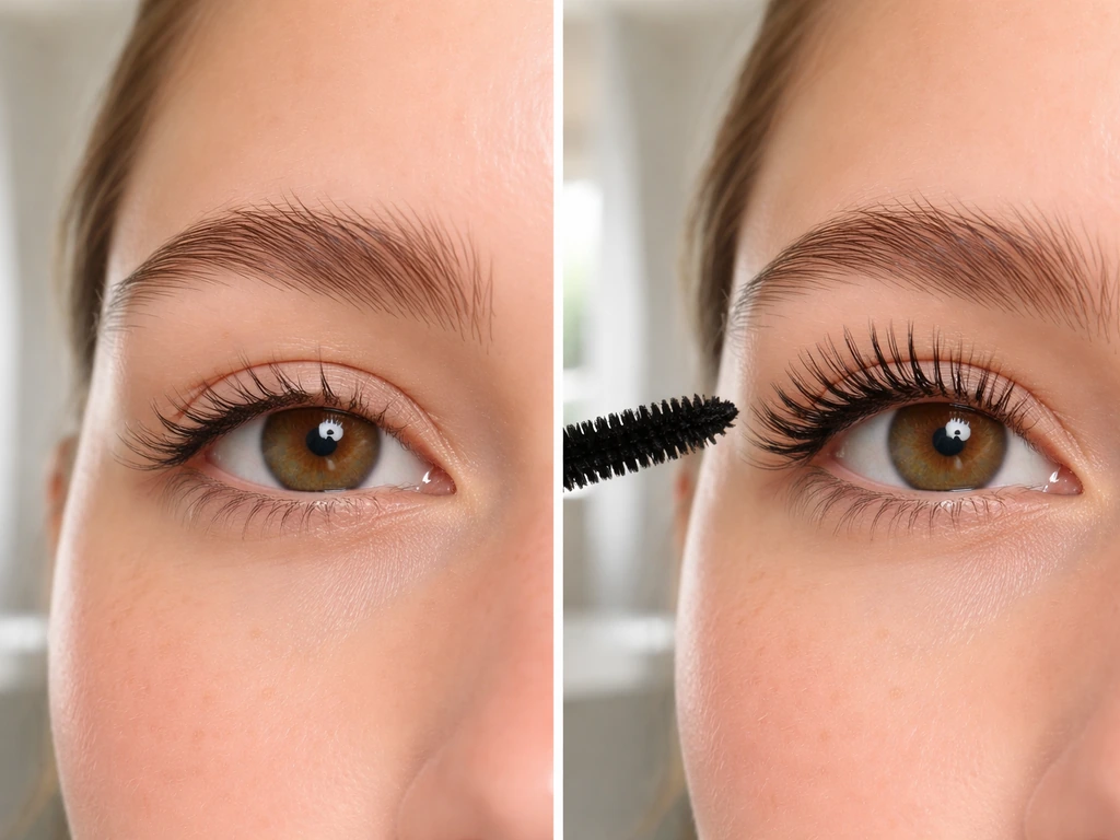 Close-up eye showing uncoated natural lashes beside mascara-coated lashes with fuller, longer look.