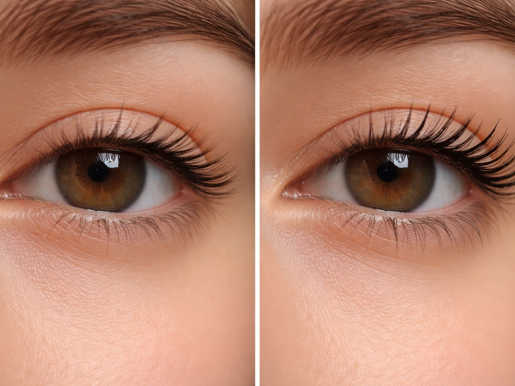 Minimal split scene showing natural lash follicle growth versus mascara’s temporary coated look on lashes.