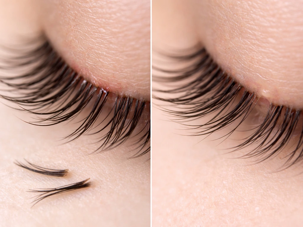 Macro split-view lashes: broken shafts on one side, intact gaps near roots where lashes were shed on the other.