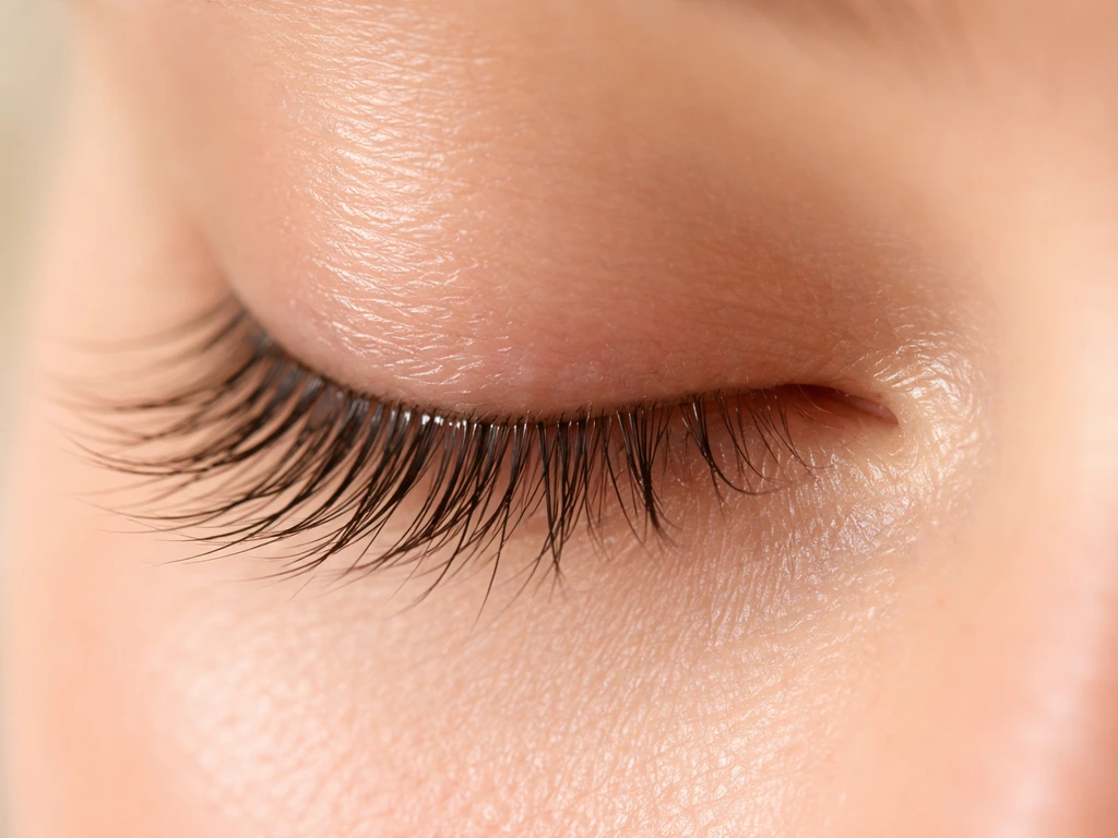 Close-up of natural eyelashes with soft beauty lighting, clean at-home lash-care vibe