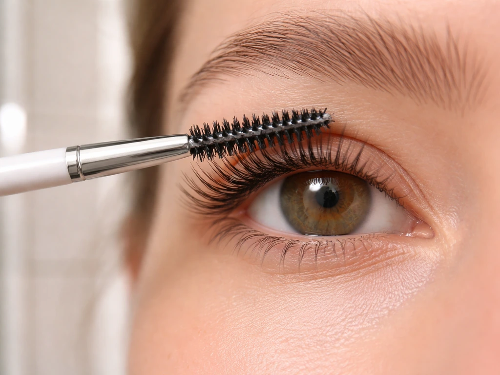 Close-up of clean spoolie brushing a person’s lashes from base to tip before mascara application