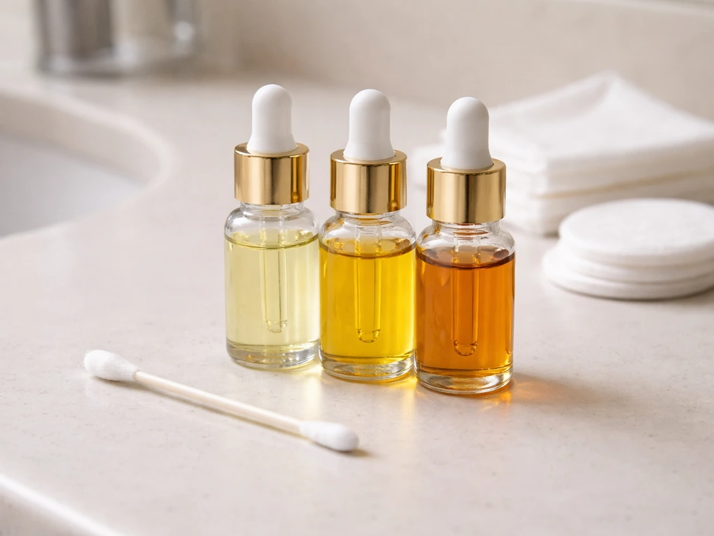 Small unlabeled oil dropper bottles and a cotton swab on a clean vanity, for lash-safe application.