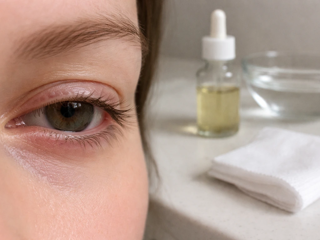 Close-up of an eye area with a soft cosmetic bottle on a bathroom counter suggesting stop-and-see care
