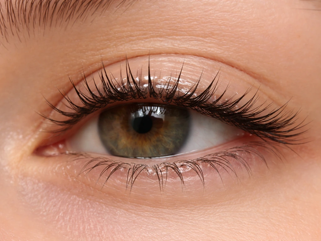 Close-up of upper eyelashes with a thin translucent gel film along the lash line
