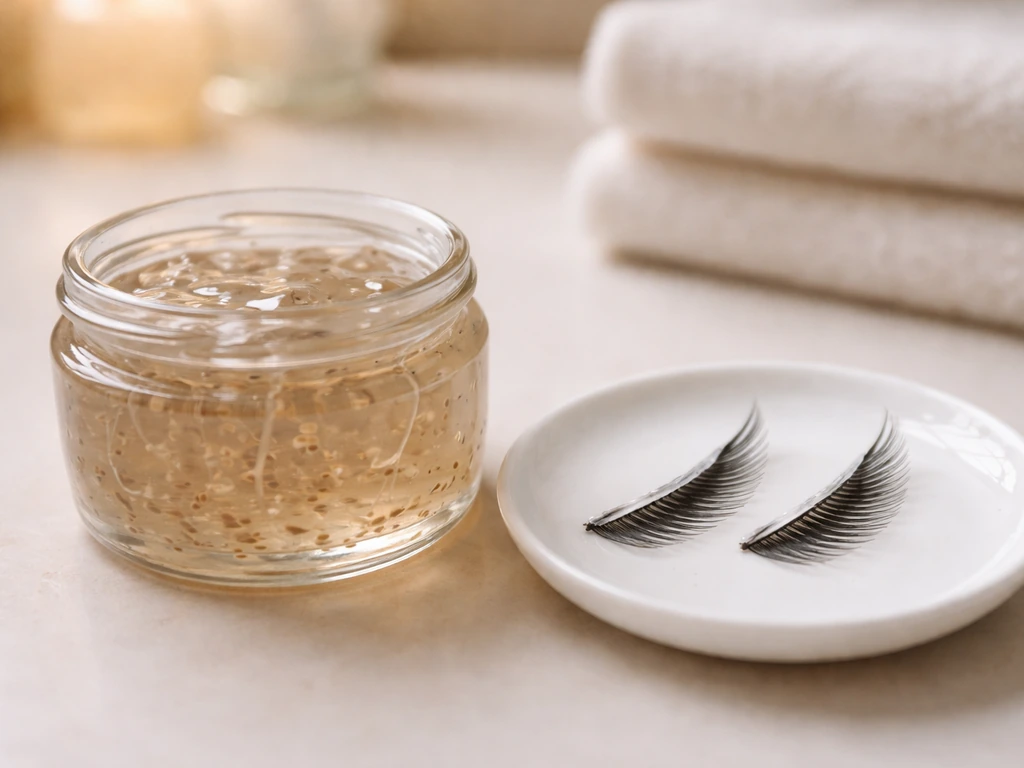 Flaxseed gel in a jar with thick mucilage beside a simple lash-shaft surface film concept.