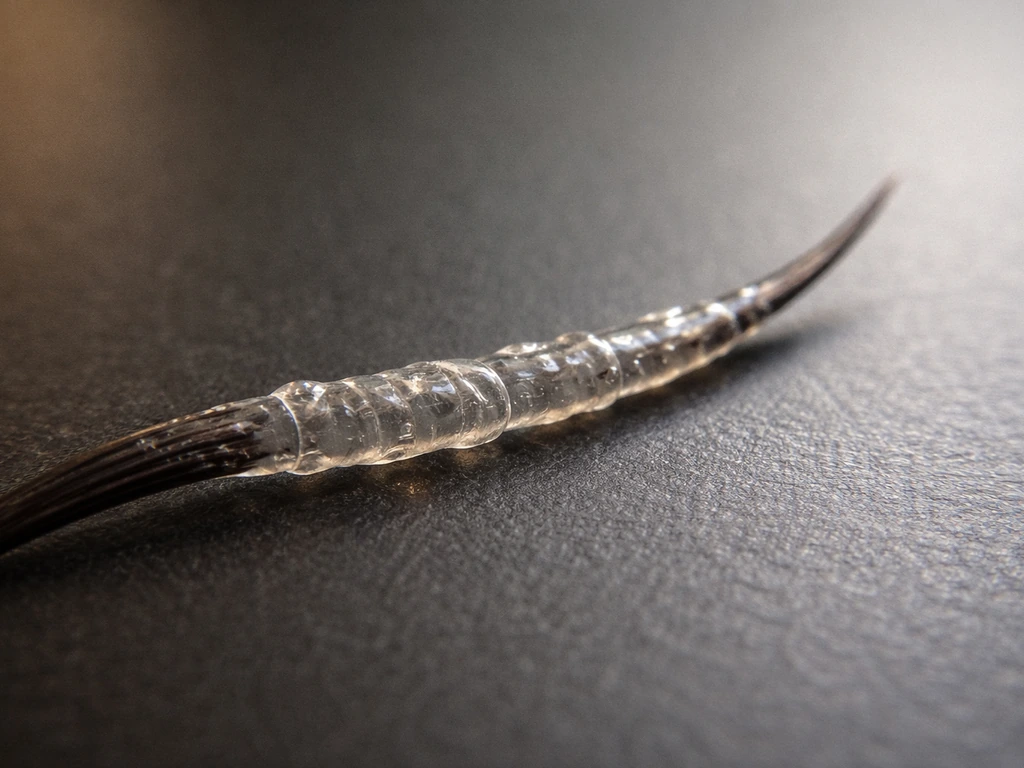 Macro close-up of a dried translucent hydrocolloid film clinging to an eyelash-like hair strand.