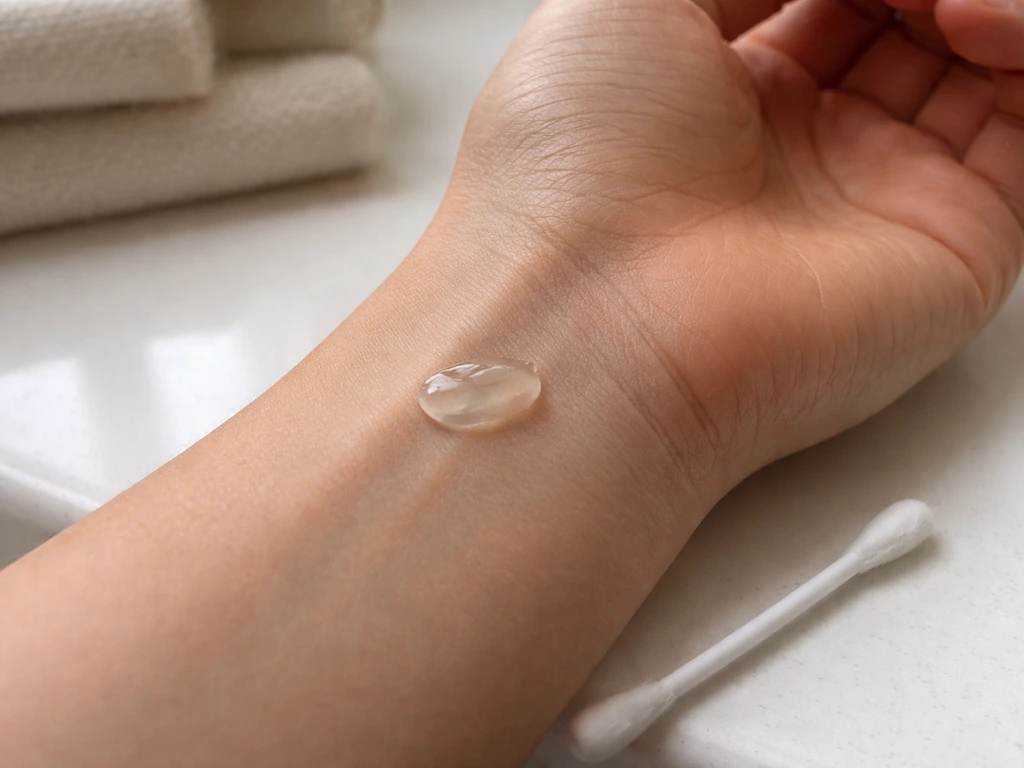 Close-up of a person's inner wrist with a small dab of gel on skin, cotton swab nearby.
