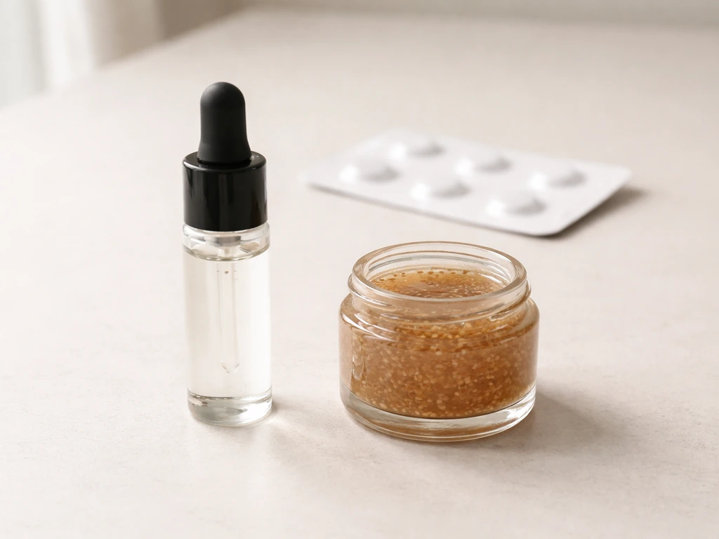 Minimal tabletop scene comparing an eyelash growth serum bottle and a flaxseed gel jar side by side.