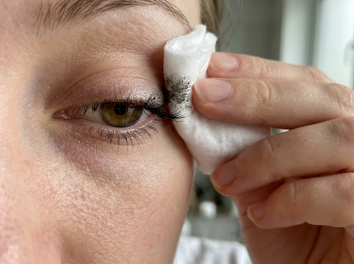 Gentle lash-line cleansing removing mascara with micellar water on cotton pad