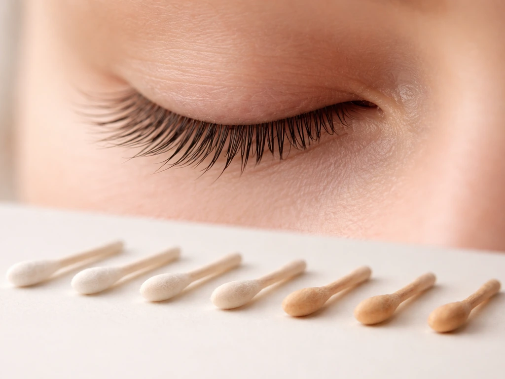 Close-up of eyelashes with softly blurred swabs suggesting a week-by-week recovery progression.