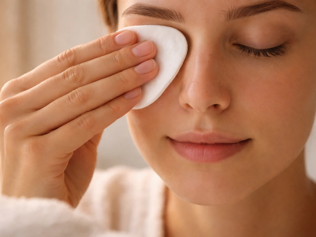 Close-up of hands using a cotton pad to gently sweep makeup off a closed eye at night.