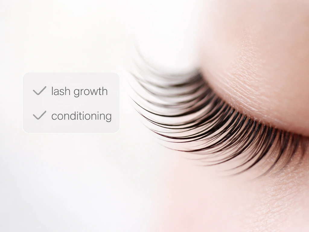 Macro close-up of natural eyelashes with small clear labels for “lash growth” vs “conditioning”.