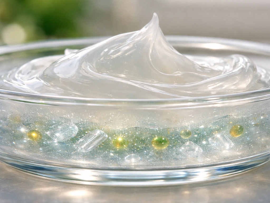 Macro cutaway of glossy petrolatum ointment layer with small menthol/camphor/eucalyptus-like droplets.
