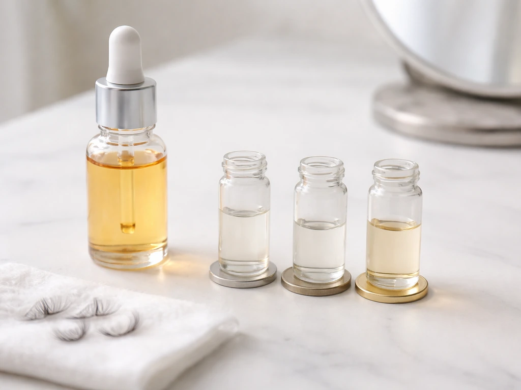 Minimal vanity scene with dropper and three unbranded vials suggesting stronger vs weaker lash regrowth options.