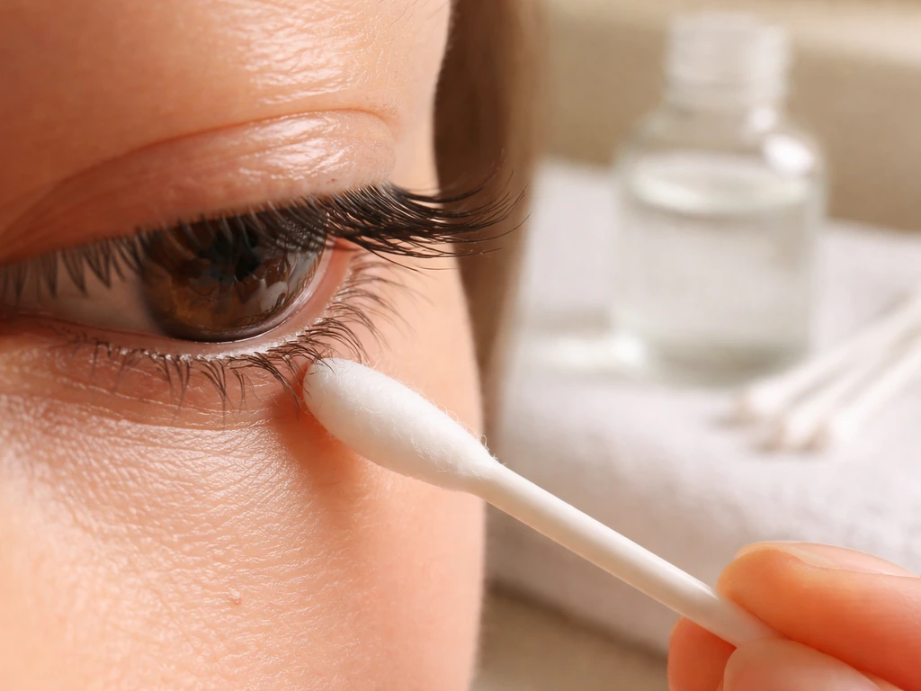 Cotton swab applying micellar water along lash line on a softly lit bathroom counter