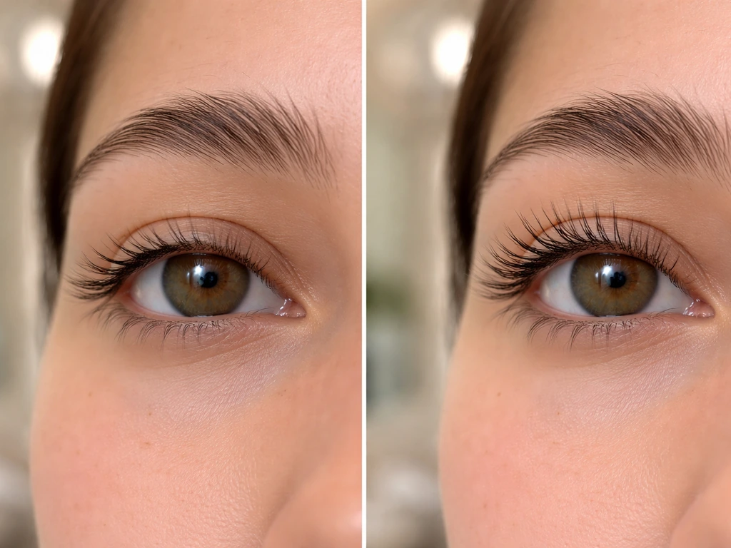 Before/after close-up split of an eye showing sparse lashes on one side and fuller lashes on the other.