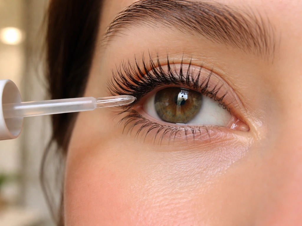 Close-up of eye and eyelash growth serum applicator with visibly defined lashes