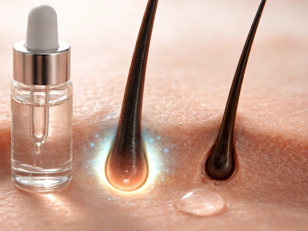 Macro photo of an eyelash follicle showing growth phases with a serum drop nearby.