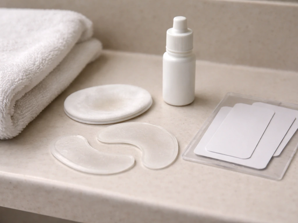 Empty eye patches and clear eye drops on a bathroom counter, with blank safety cards nearby.