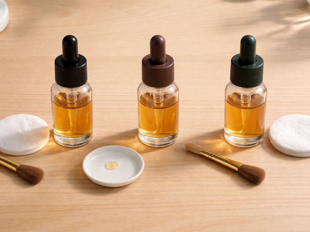 Minimal flat-lay of three anonymous lash serum bottles with a simple evening skincare routine vibe