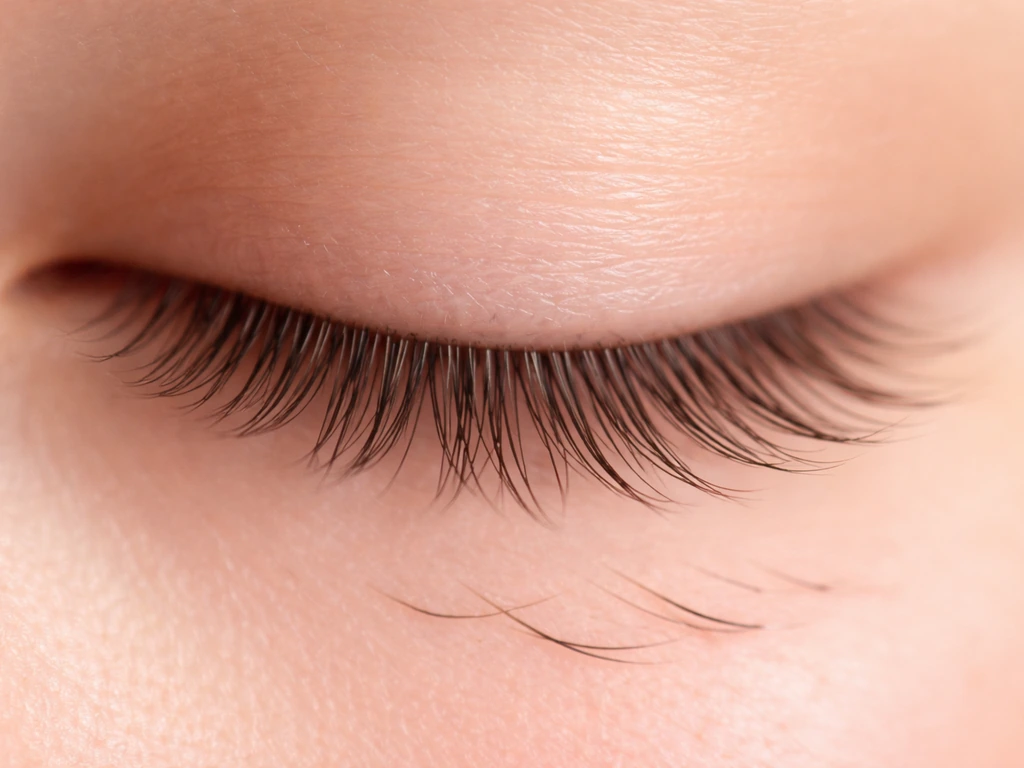Close-up of a closed eye lash line showing three sequential growth stages with soft time-lapse blur.