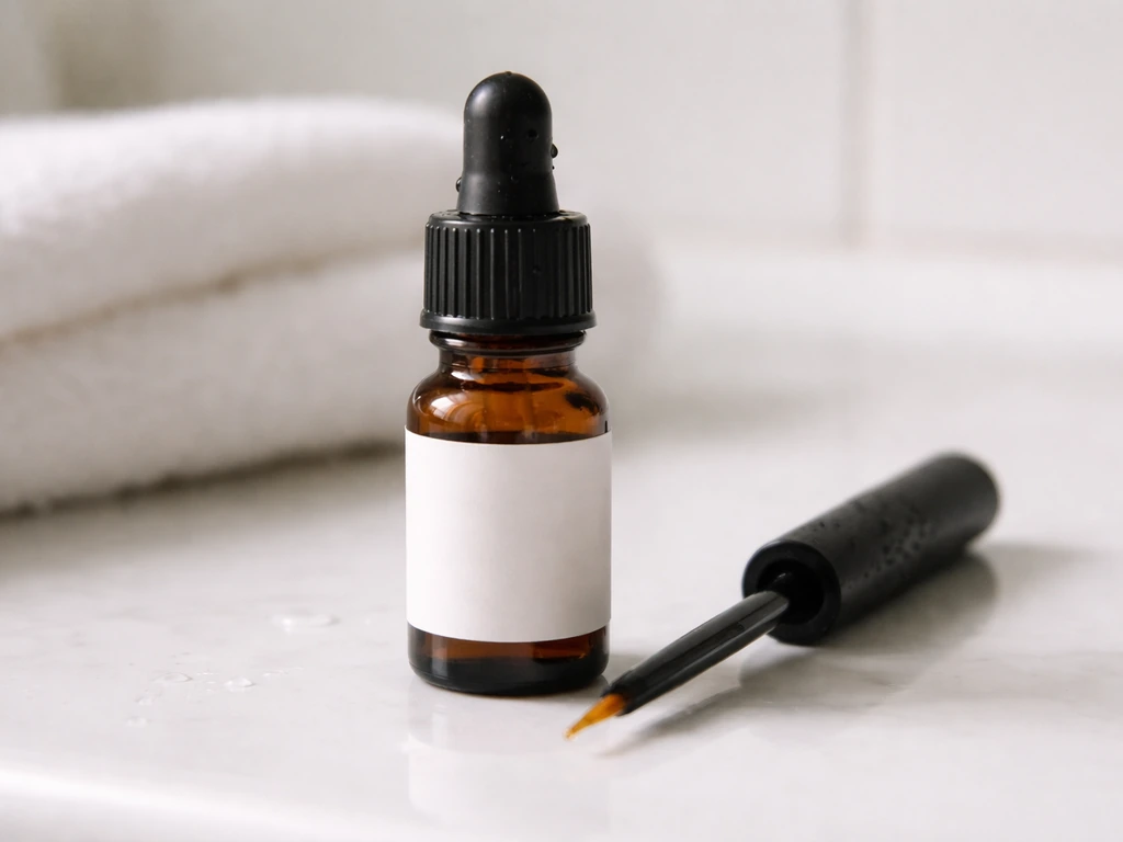 Close-up of an amber dropper bottle and lash applicator brush on a clean bathroom counter.