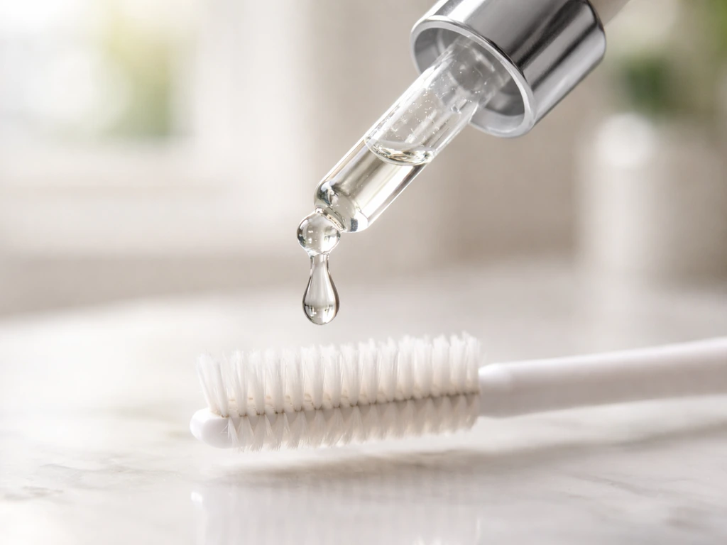 Close-up of a clear lash serum droplet dispensing onto an eyelash brush with a dropper.