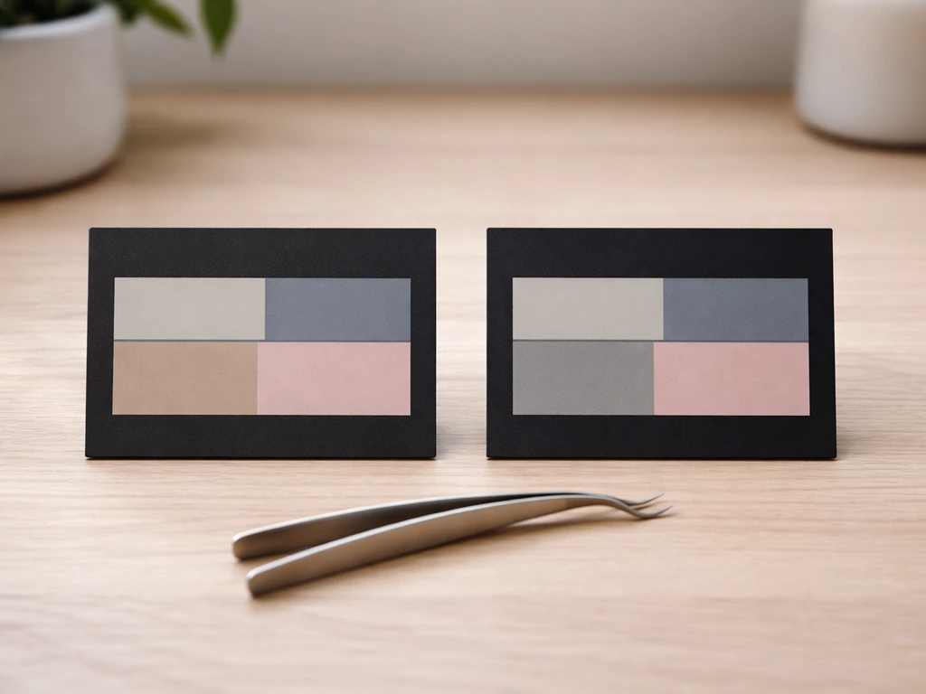 Minimal photo-style comparison layout showing anonymous eyelash-care options with focus on benefits and risks