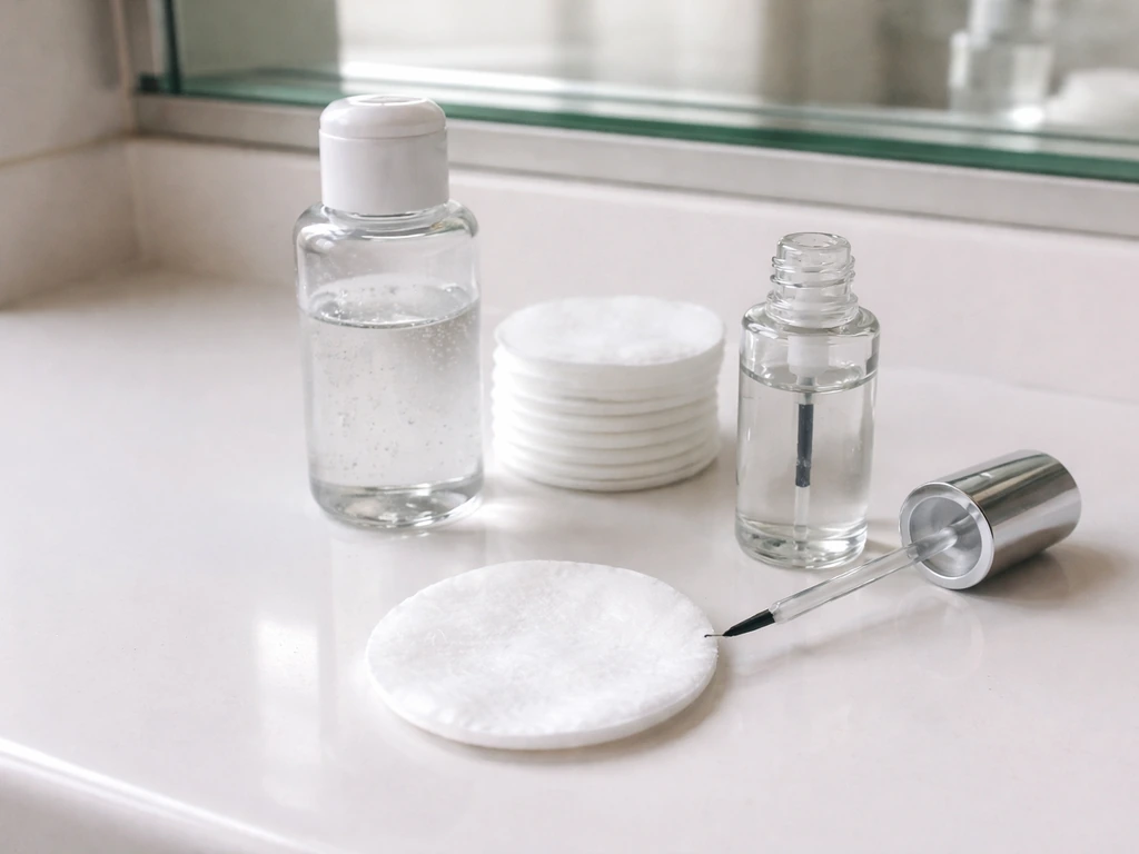 Micellar water bottle, cotton pads, and lash serum staged on a bathroom counter for a night eye routine.