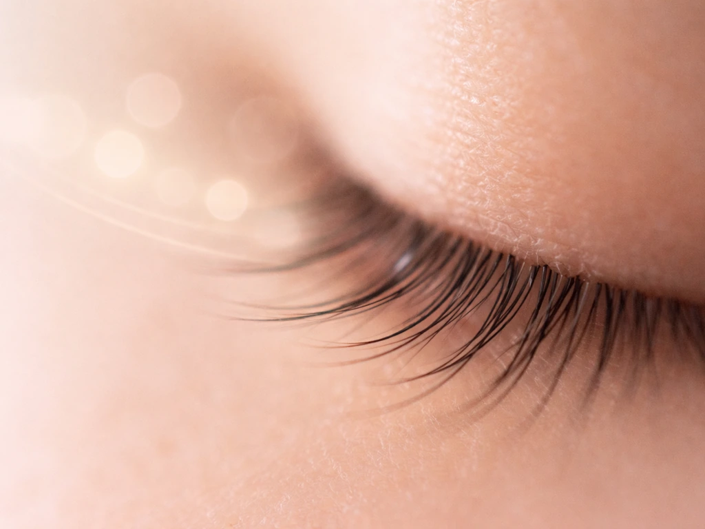 Soft-focus macro eyelashes with gentle circular light cues suggesting daily growth turnover.