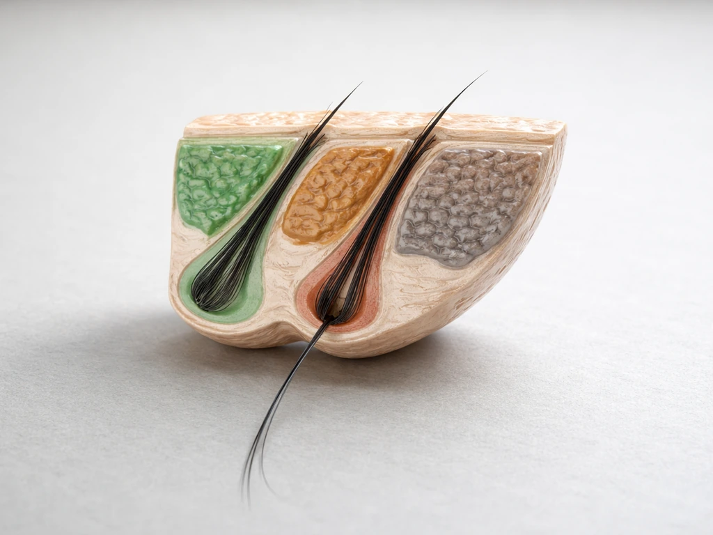 Close-up photo of an eyelash follicle cross-section model showing three labeled growth phases.