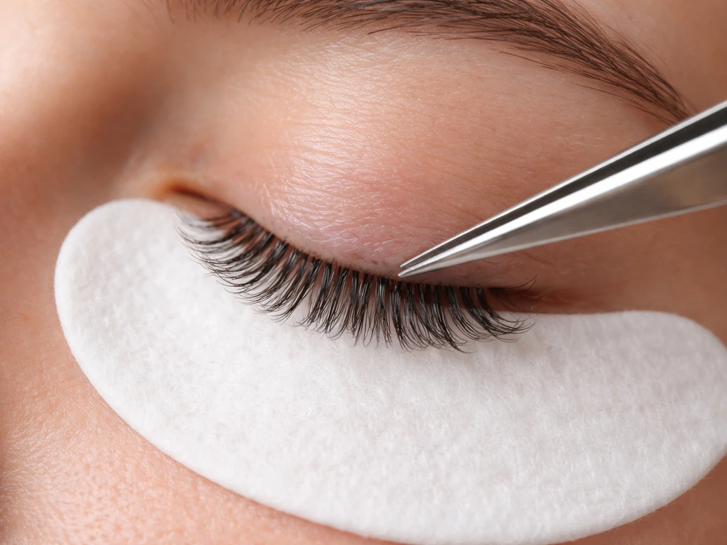 Close-up of eyelash extensions being gently removed near the lash line with a cotton pad