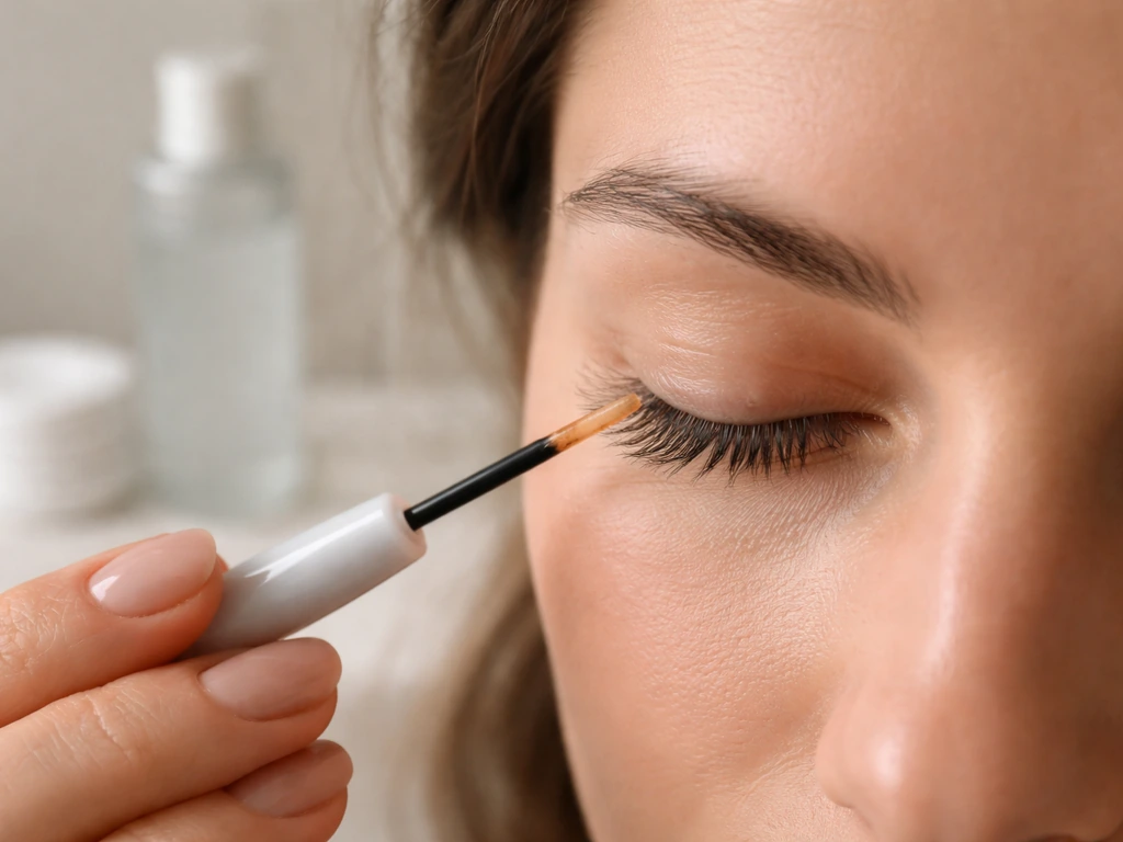 Close-up of an applicator applying clear lash serum to the upper lash line base.