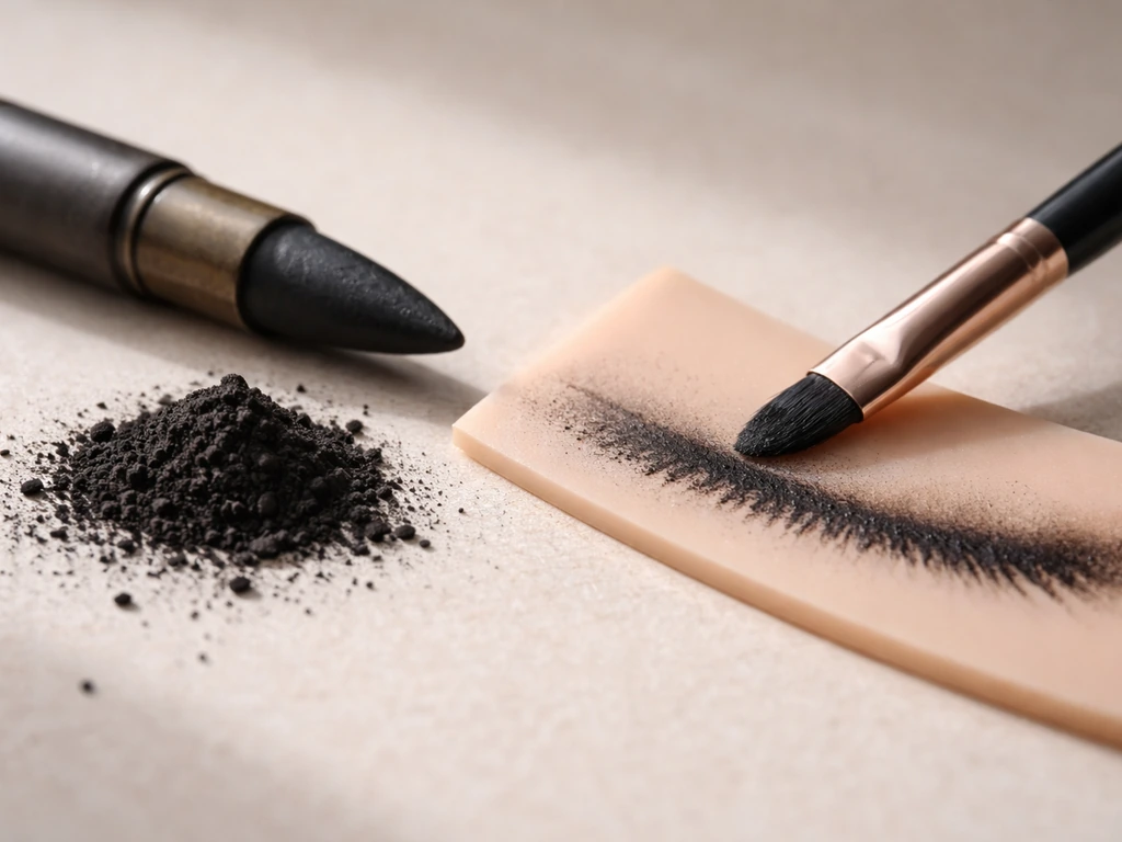 Close-up of a dark kajal stick and powdery mineral pigment dust near an eye makeup brush