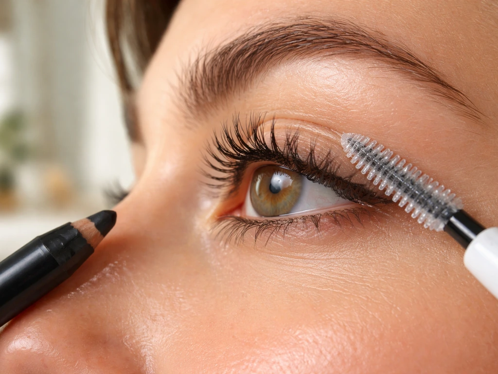 Close-up of lashes with kohl pencil and serum spoolie applying thin coats at the lash line.