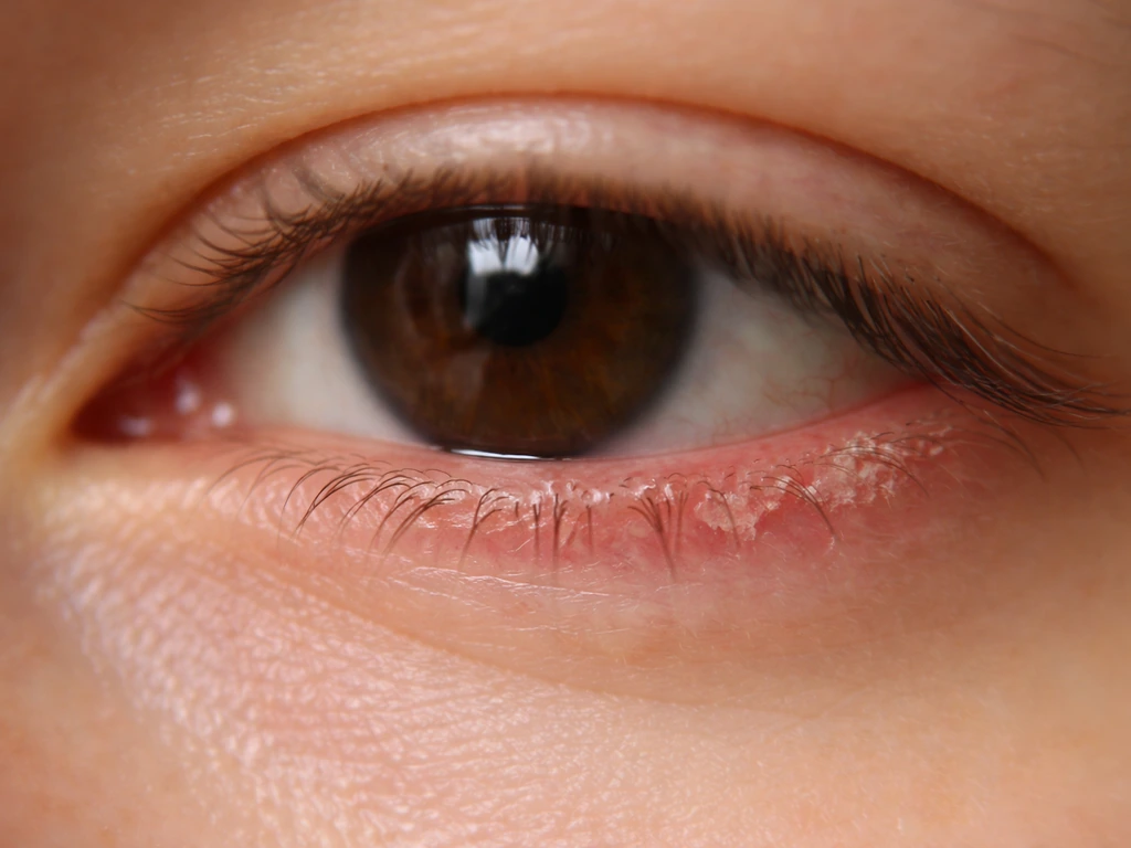 Close-up of an anonymous lash line showing mild redness and flaking from cosmetic contact irritation.
