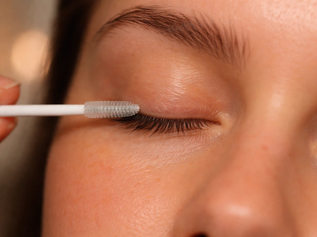 Close-up of a clean spoolie/cotton swab applying lash serum to the lash base under soft light.