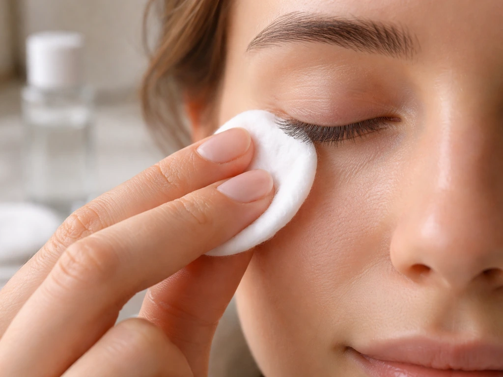 Hand gently wipes a cotton pad along the lash line with eye makeup remover on a closed eye.