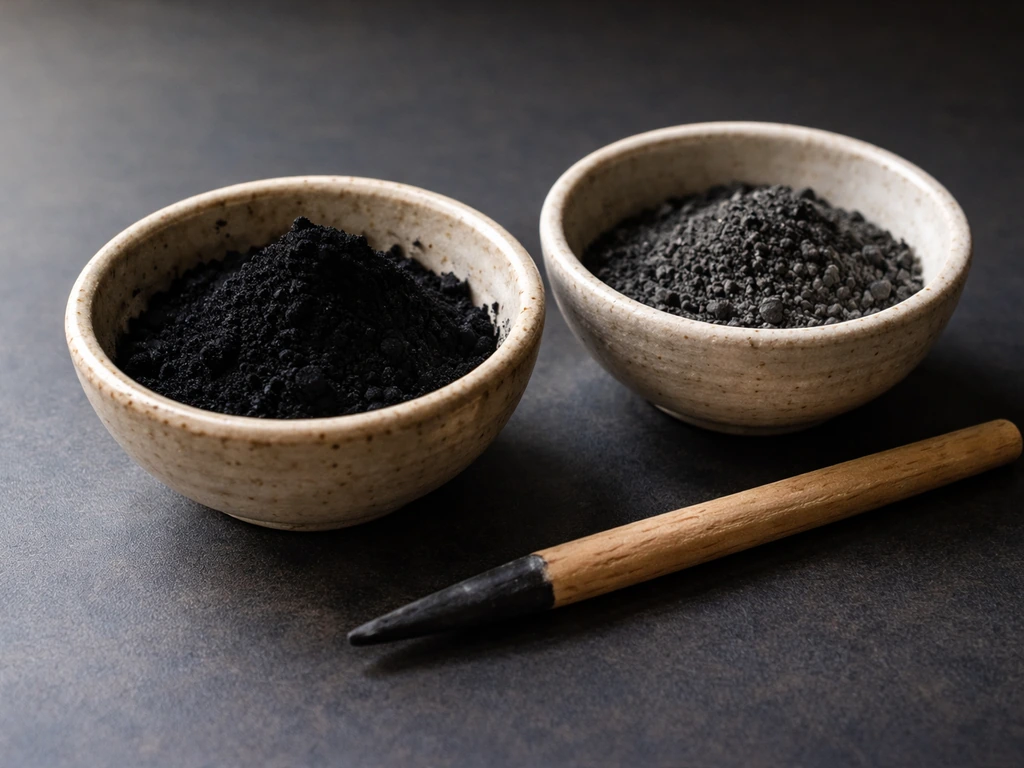 Mineral and soot kajal ingredients in small bowls with a wooden applicator stick on a dark surface.