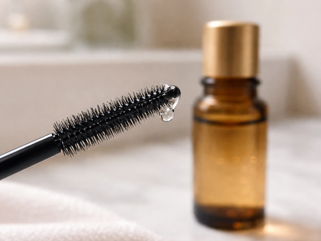 Close-up of an eyelash serum applicator brush with a tiny drop on the wand in soft natural light.