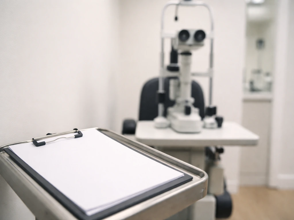 Minimal ophthalmology exam scene with slit-lamp silhouette and a clinician clipboard indicating need for professional ca