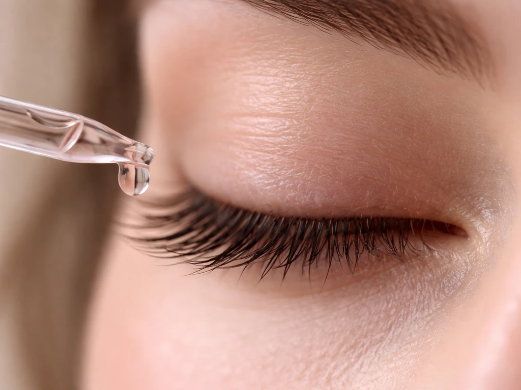 Macro close-up of eyelashes with a small rose water drop on a clean applicator near the eye.